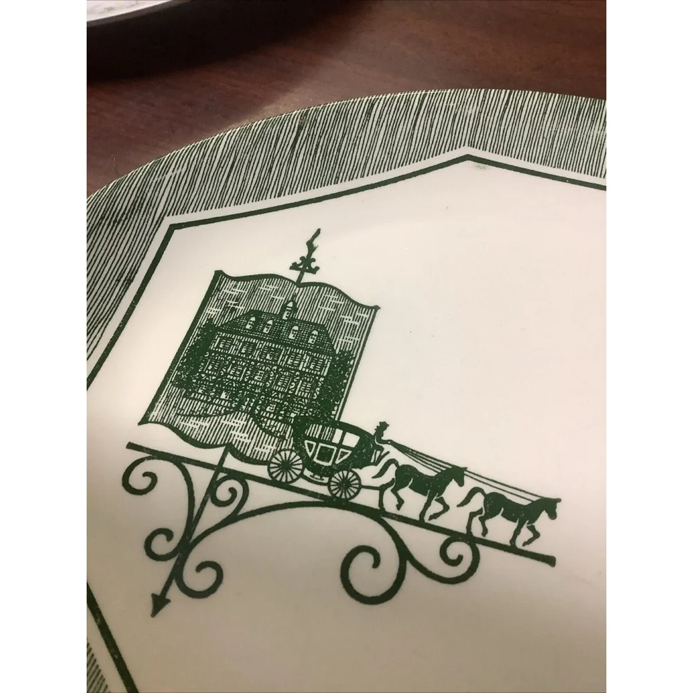 1 Scio Pottery Olde Orleans Oval Serving Platter Green White Carriage Horse Sign